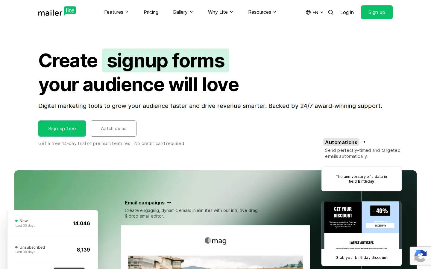 MailerLite homepage screenshot